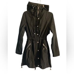 Betsey Johnson Parka Jacket PM Black Long Hooded Trench Coat Peacoat